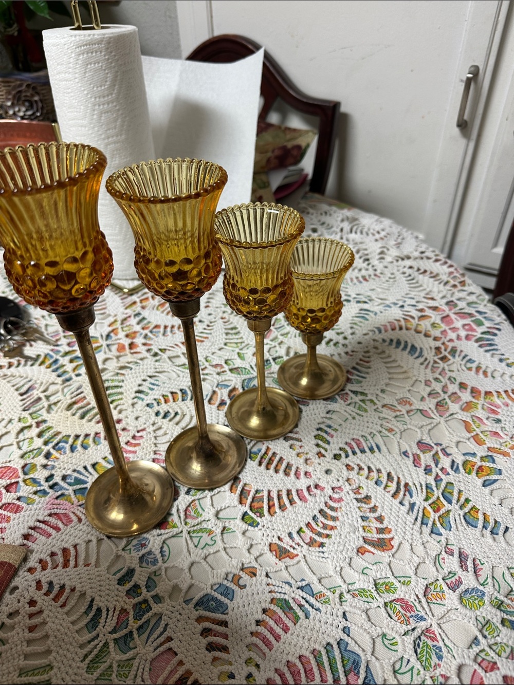 Amber Glass and Brass Candle Holders Set - Elegant Home Accents